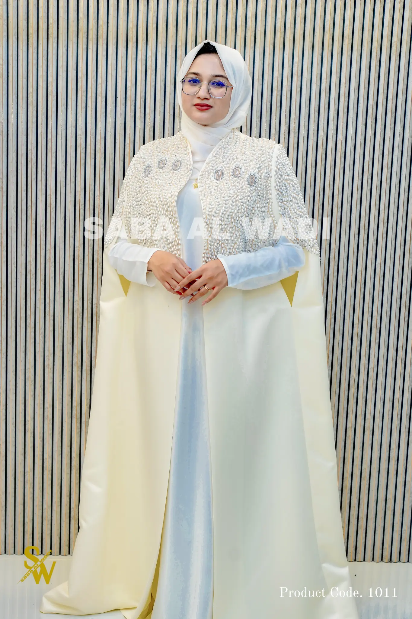 RANA Blush Nude Pearl Beaded Bridal Abaya Front View