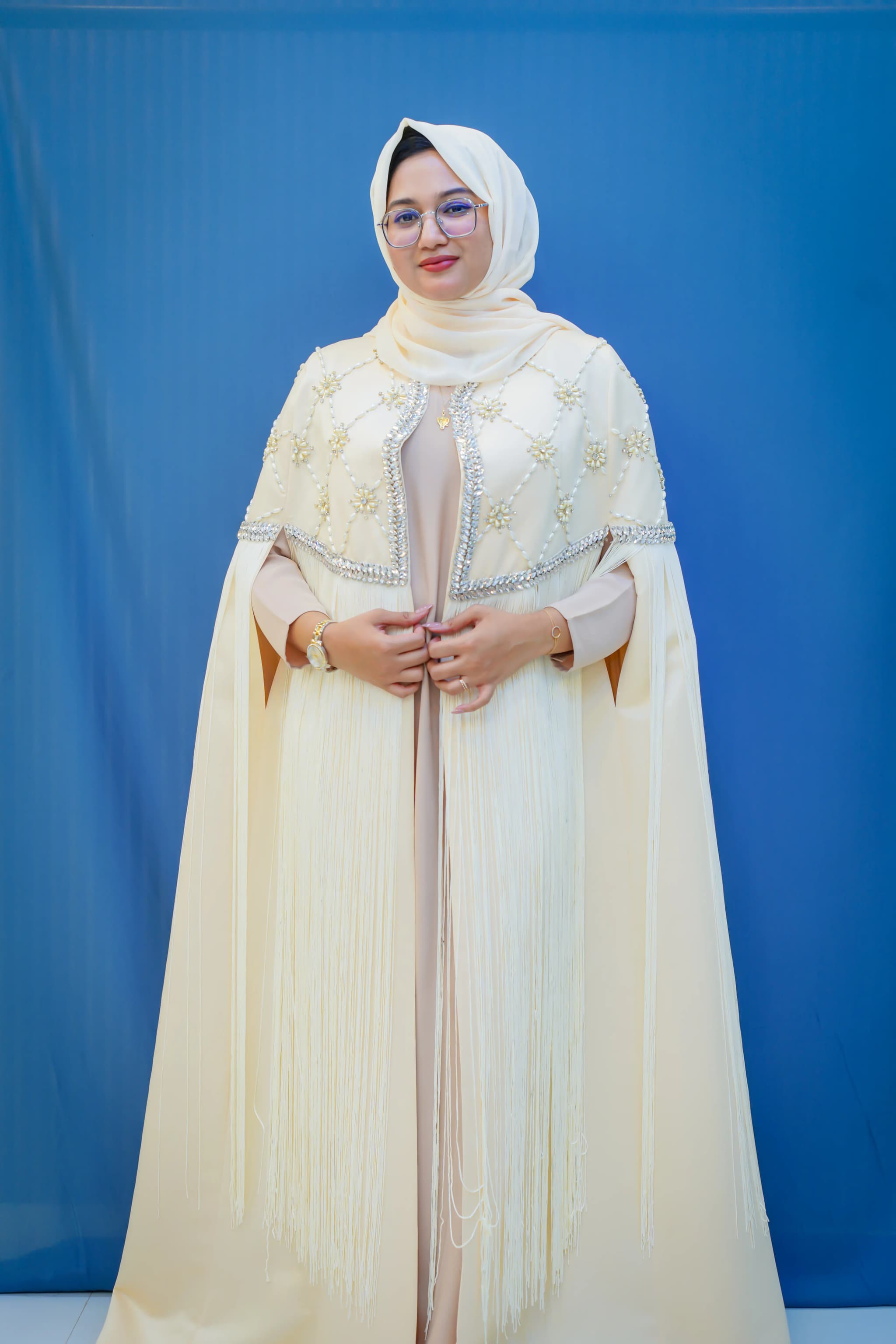 Desert Pearl Bridal Cape Abaya - Cream Embellished Luxury | Saba Al Wadi image 1